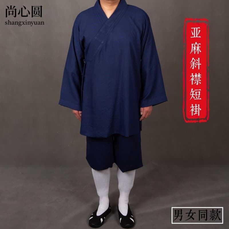 Shangxinyuan Manufacturer Summer Linen Taoist Robe, Sanqing Collar, Slant Front or Center Front Short Jacket, Taoist Unisex Practice Uniform, Tai Chi Clothing