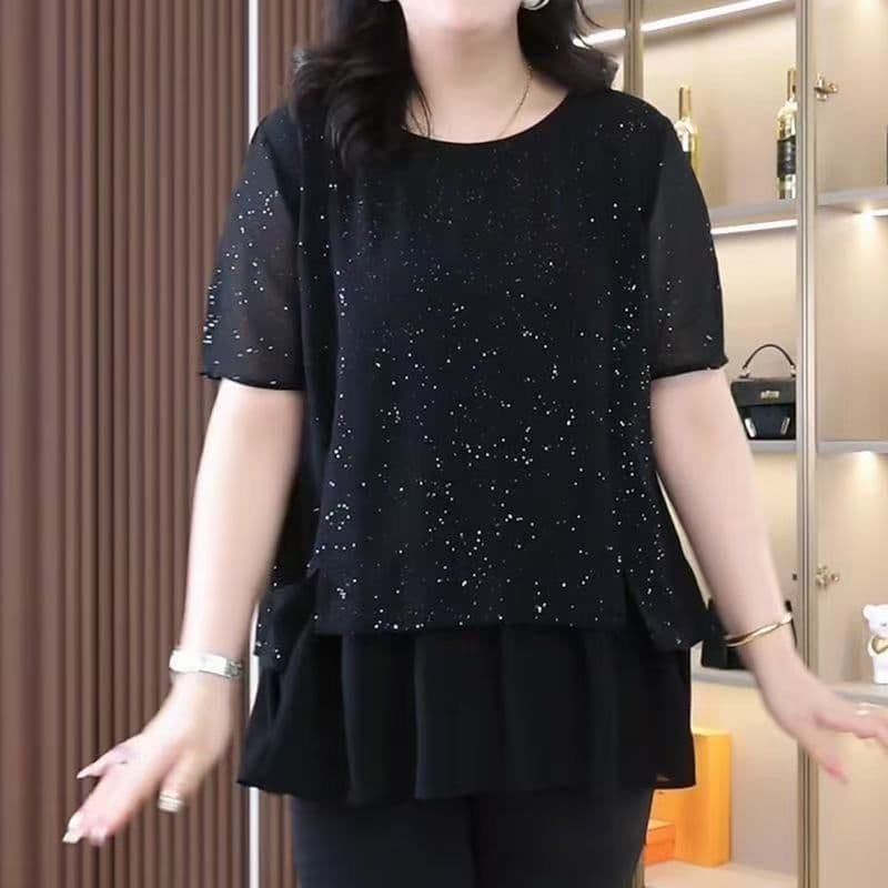 2025 Summer Casual Stylish Short Sleeve Loose Black Plus Size Women's Slimming Fashion Top Long Length for Curvy Figures