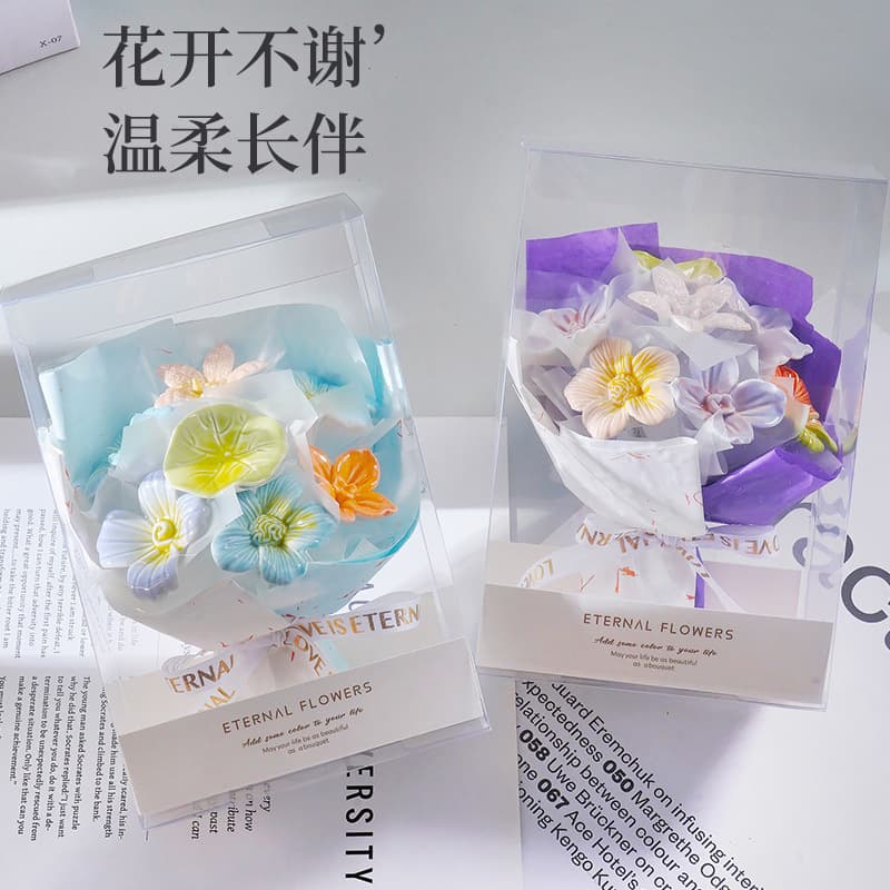 Ceramic Flower Bouquet PVC Transparent Box Gift for Qixi Festival, Teacher's Day, Girlfriend, Wife, Creative Desktop Decoration