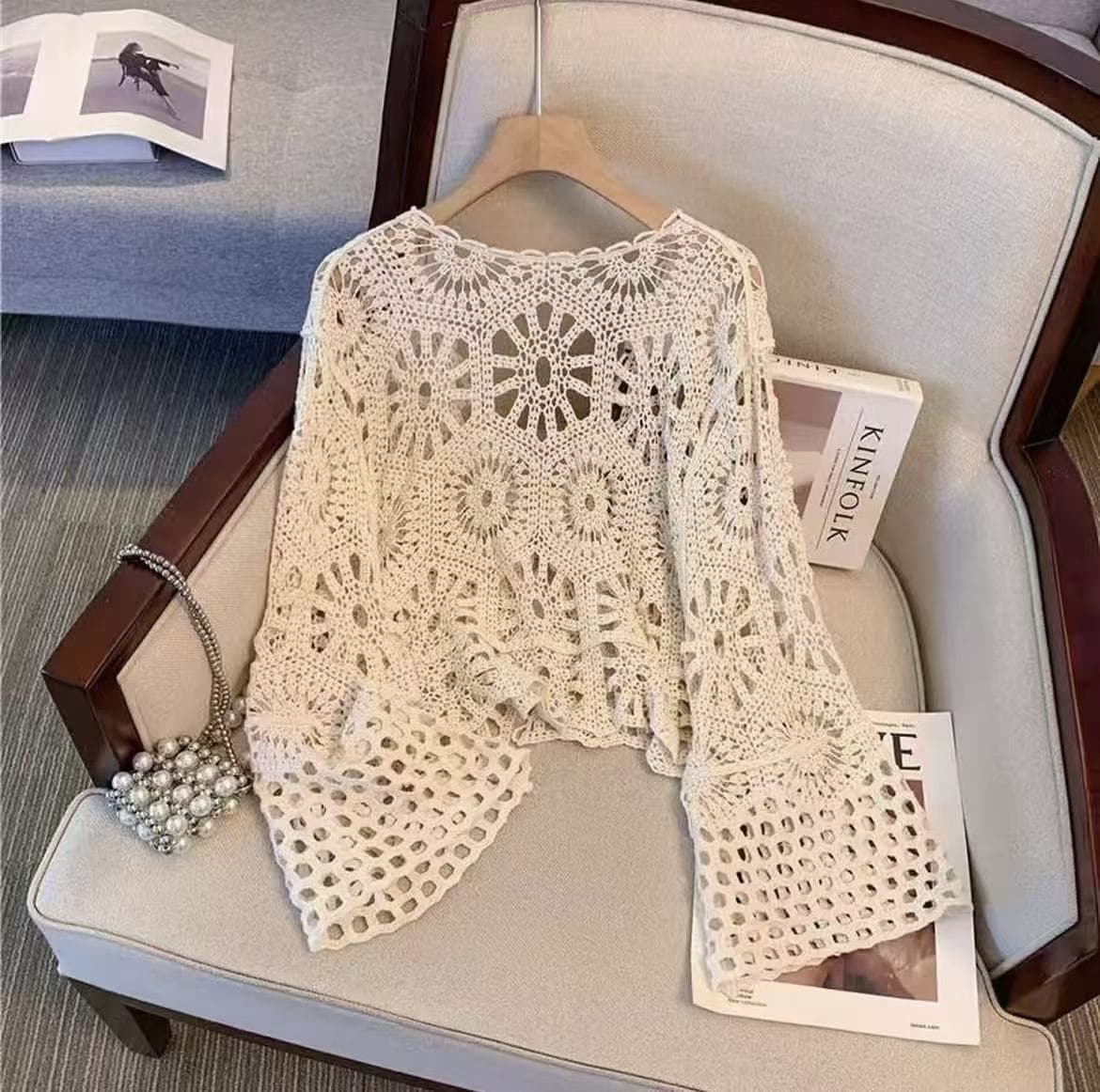 Crochet Lace Open-Front Knit Cardigan V-Neck Summer Thin Bohemian Loose Long Sleeve Short Top Cover-Up