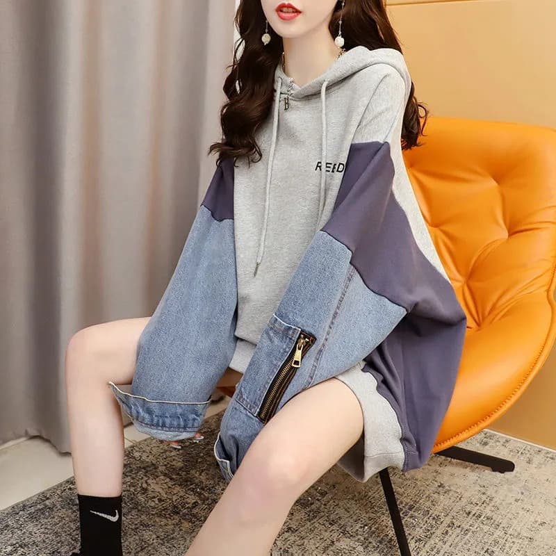 Denim Patchwork Hoodie Faux Two-Piece Mid-Length Loose Fit 2026 New Korean Style Plus Size Pullover Hooded Sweatshirt