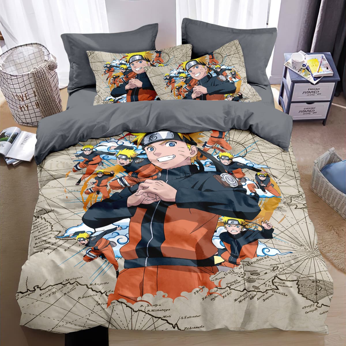 Naruto pure cotton four-piece anime quilt cover boys' dormitory sheets and fitted sheets student dormitory pillowcase three-piece set