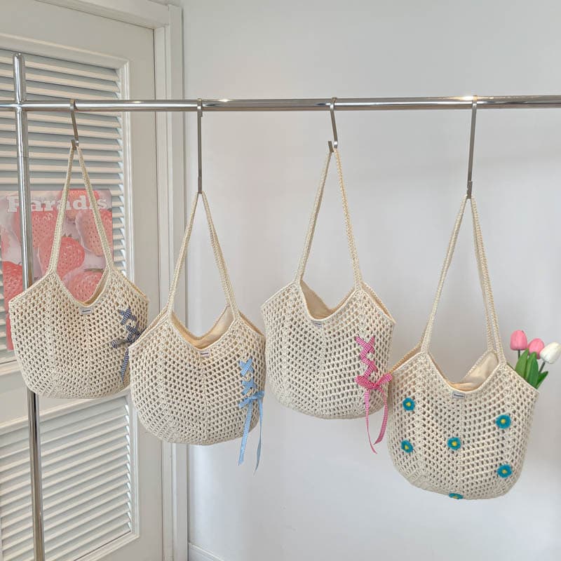 Lazy Tote Bag, New Style, Beach Vacation Woven Hollow-Out Underarm Bag, Shoulder Bag, Handmade Large-Capacity Mesh Bag