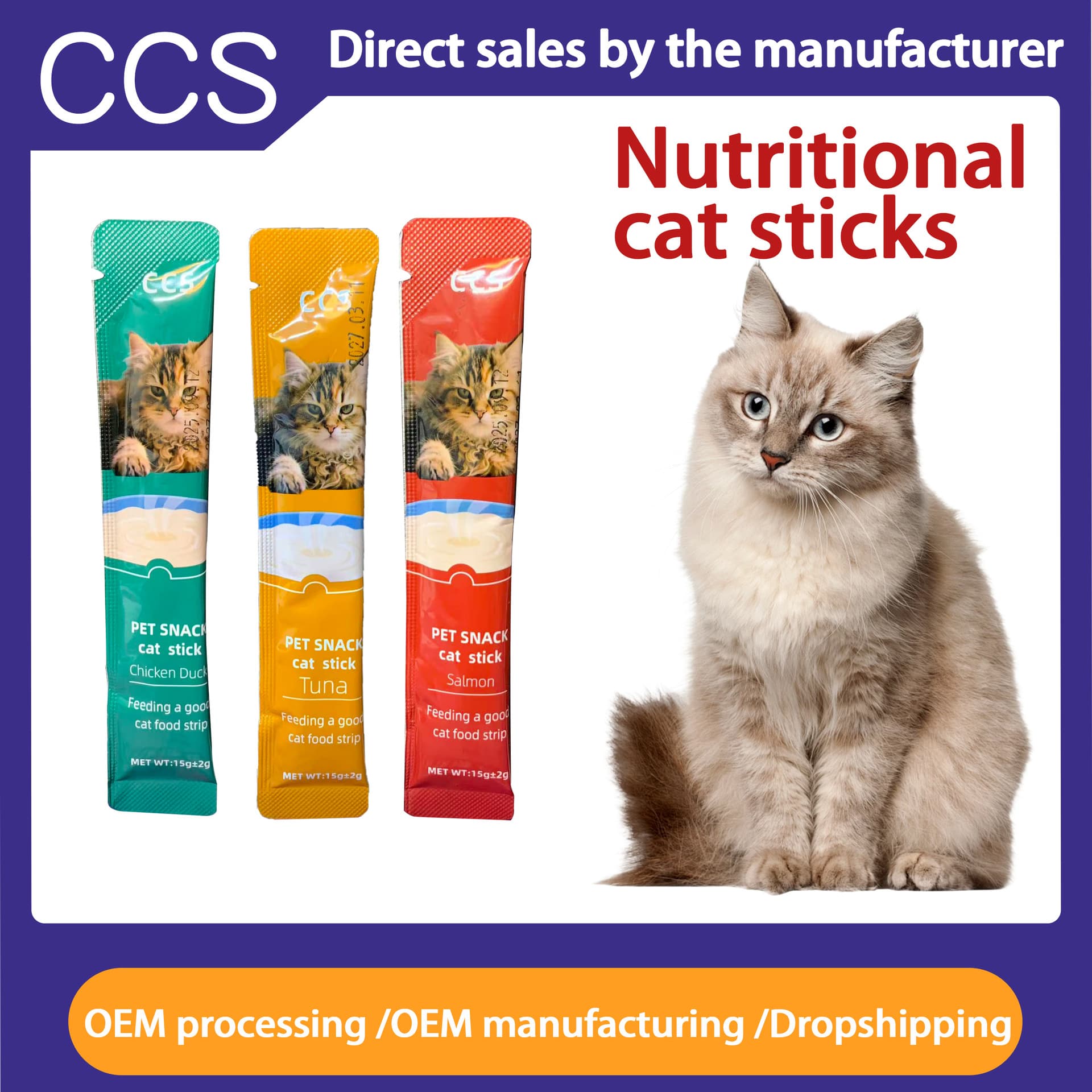 Cross-Border Foreign Trade Cat Strips Pet Snacks Cat Strips Wet Food Pure English Packaging Tuna Salmon Cat Snacks