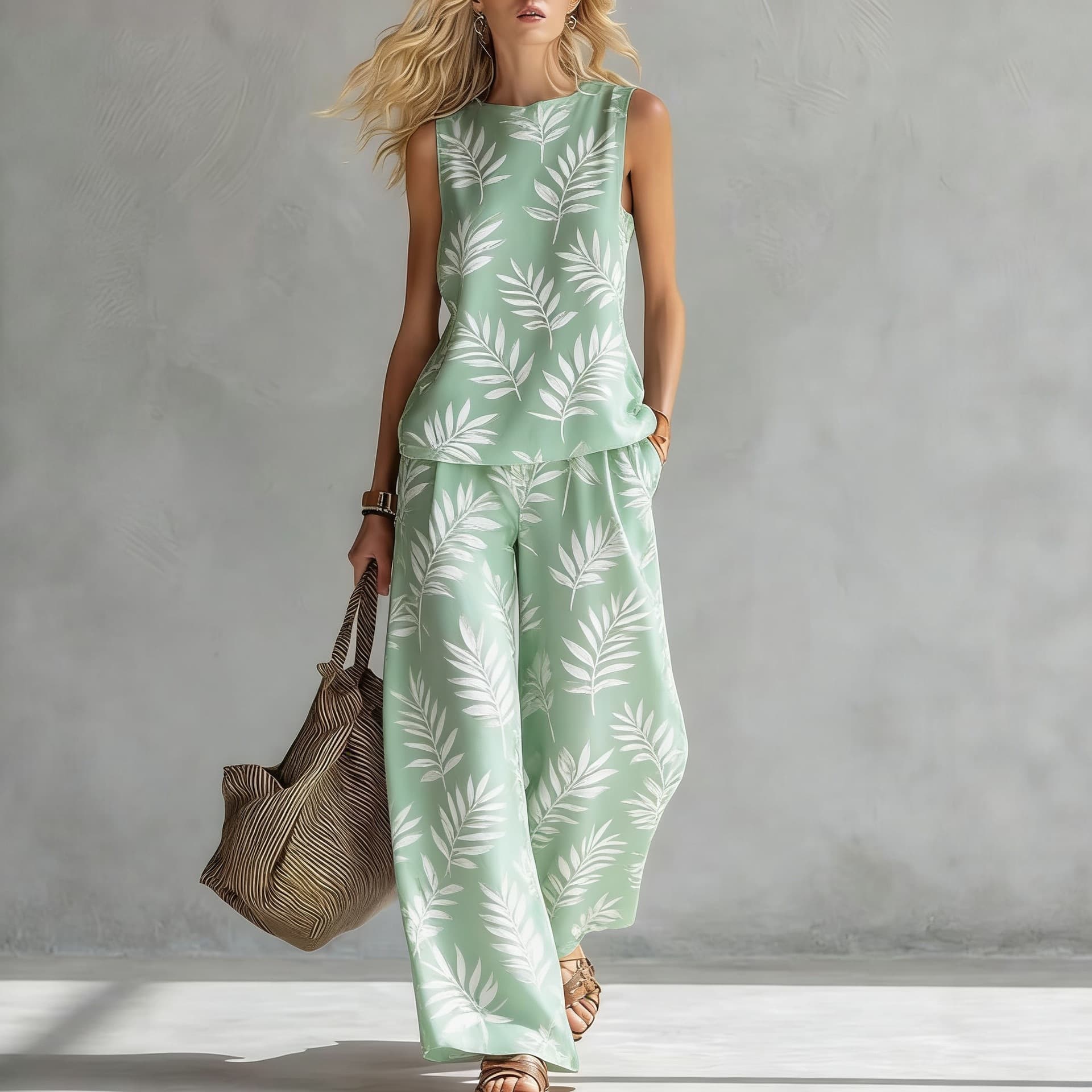 New Cross-Border EU/US Summer Sleeveless Printed Set Women's Casual Wide-Leg Pants Two-Piece Old Money Style Linen Set