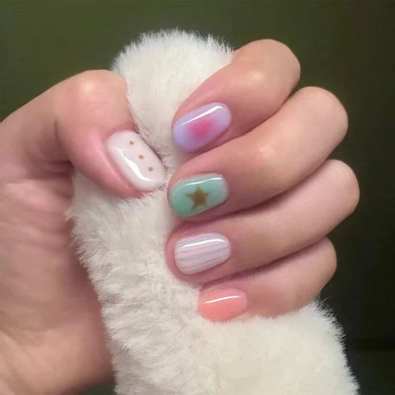 Handmade Wearable Nails Summer Star Lines Dopamine Hand-Painted High-End Ins Niche Cute Student Nail Stickers