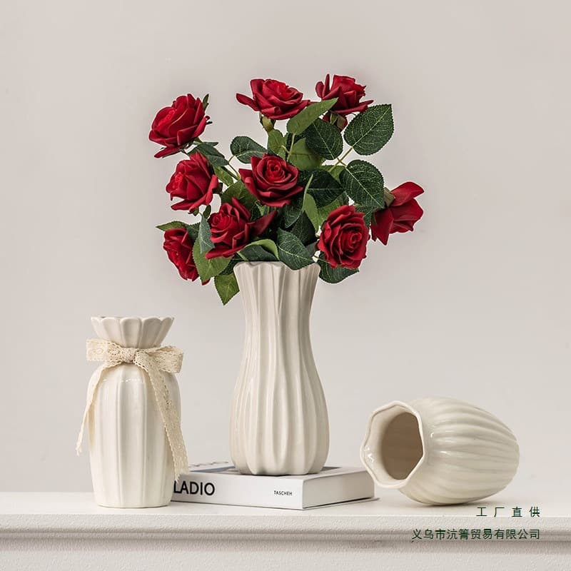 European Style Rose Flower Vase White Minimalist Ceramic Vase for Living Room Dining Table Dried Fresh Flowers Hydroponic Decorative Ornament