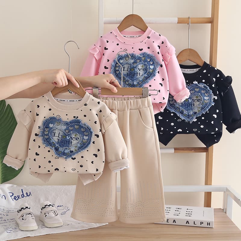 2026 New Girls Autumn Clothing Set Western Style Denim Patch Sweatshirt Long Sleeve Two-piece Set Baby Children's Clothing Trendy Wholesale