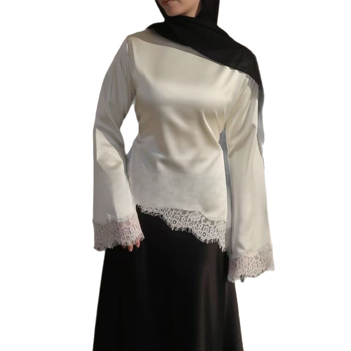 In Stock 2026 European and American Cross-Border Trend Solid Satin Lace Trim Long Sleeve Top Irregular Hem Base Layer Shirt for Women