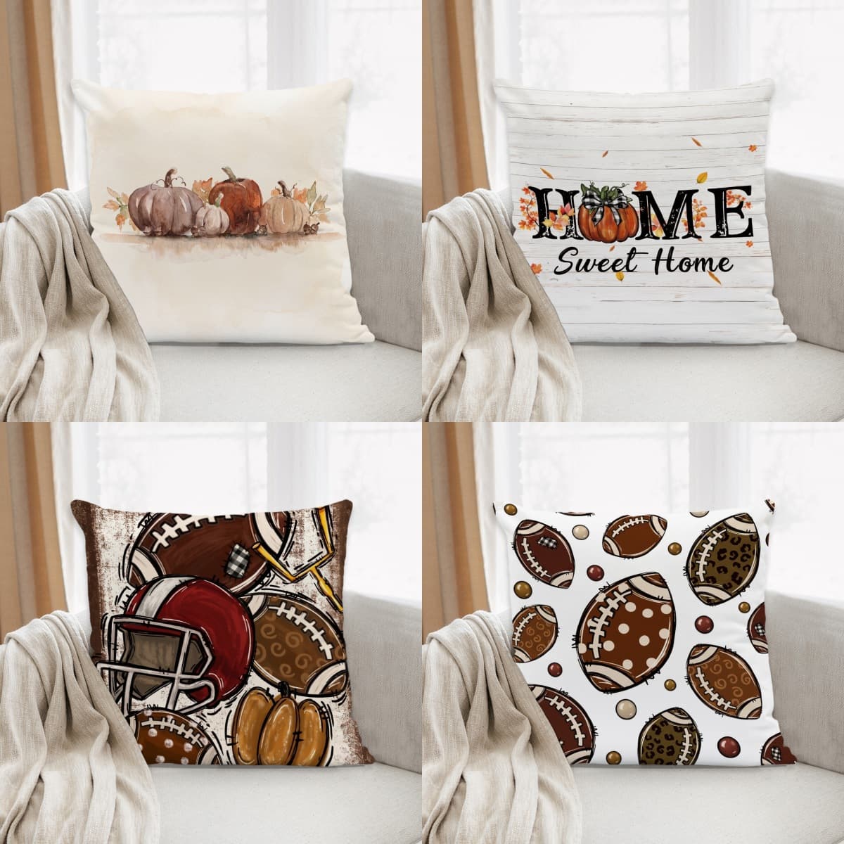 Pumpkin Maple Leaf Floral Autumn Print Football Squirrel Pillow Cover Pattern for Living Room Sofa Cushion Cover Without Insert