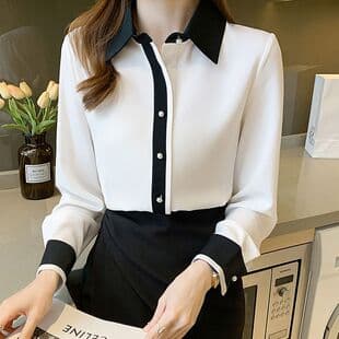 White Chiffon Blouse Women Long Sleeve 2026 Spring Autumn New Elegant Youthful Contrast Color Unique Top Office Shirt