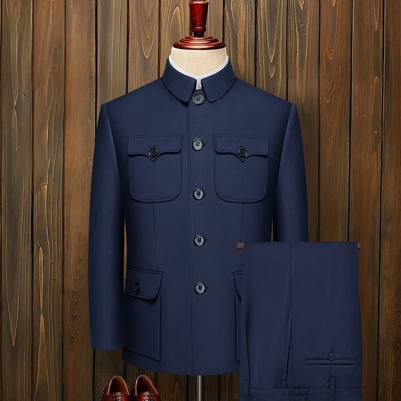 Zhongshan suit men's set, middle-aged and elderly dad's outfit, spring, autumn, and winter coat, Zhongshan suit men's wear, elderly grandpa's attire.