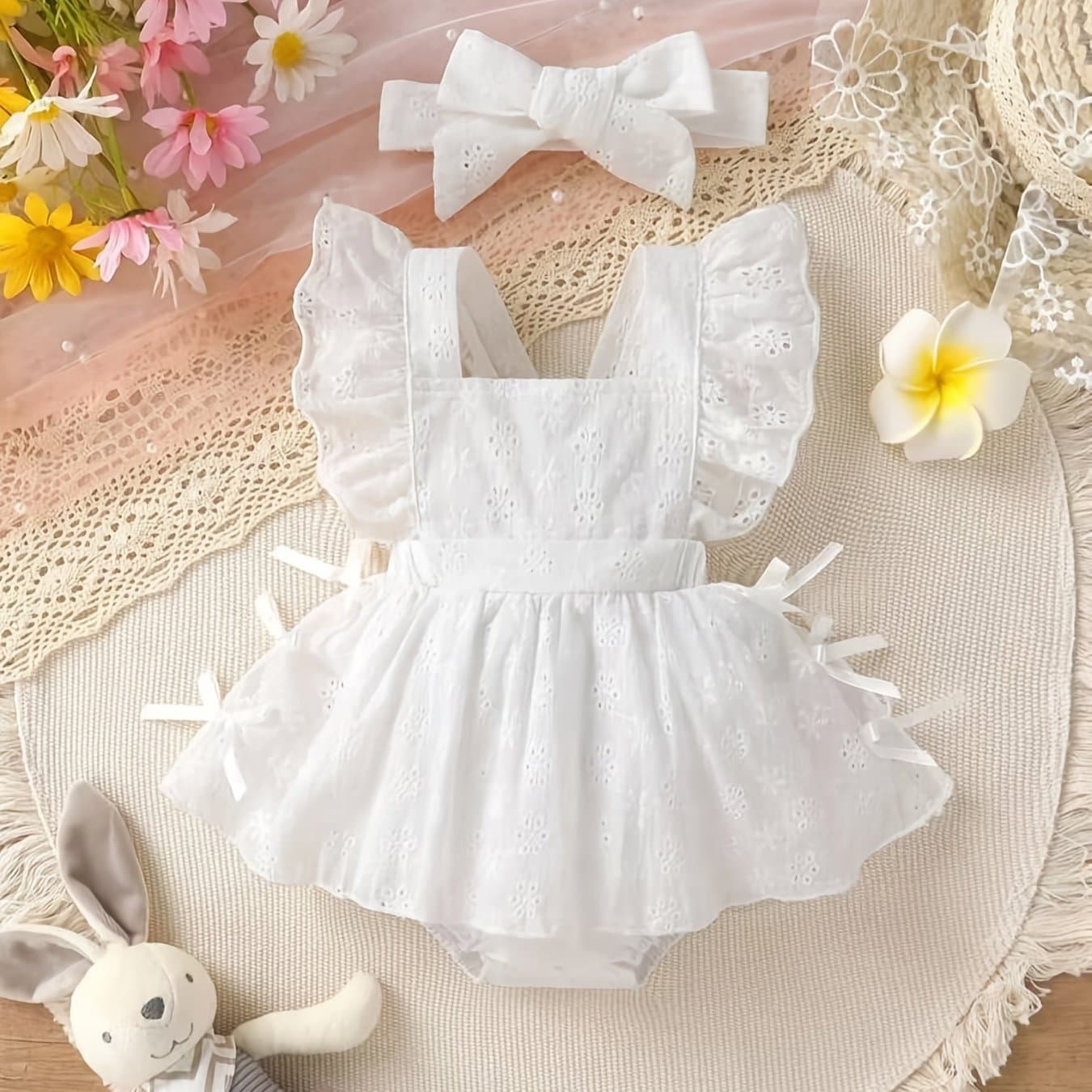 Baby Girls Clothes 0-12M Summer Bow Lace Romper Dress + Headband