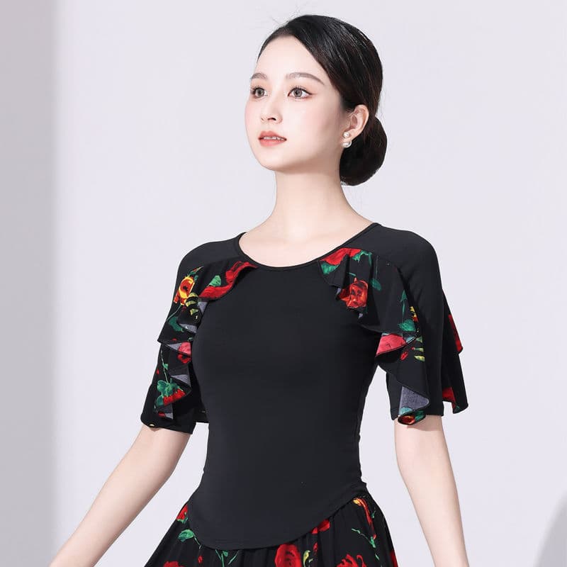 Modern Dance Top Women New Latin Dance Ballroom Dance Waltz Round Neck Ruffle Sleeve Practice Wear