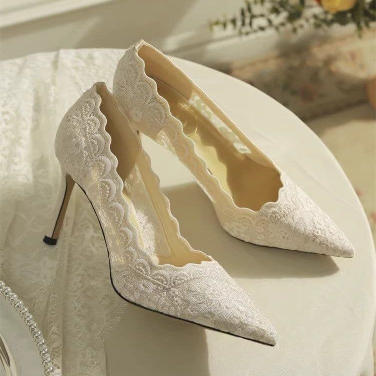 White Wedding Shoes with French Lace Design, Pointed Toe, New Style High Heels, Shallow Mouth, Elegant Socialite Style, Embroidered Lace