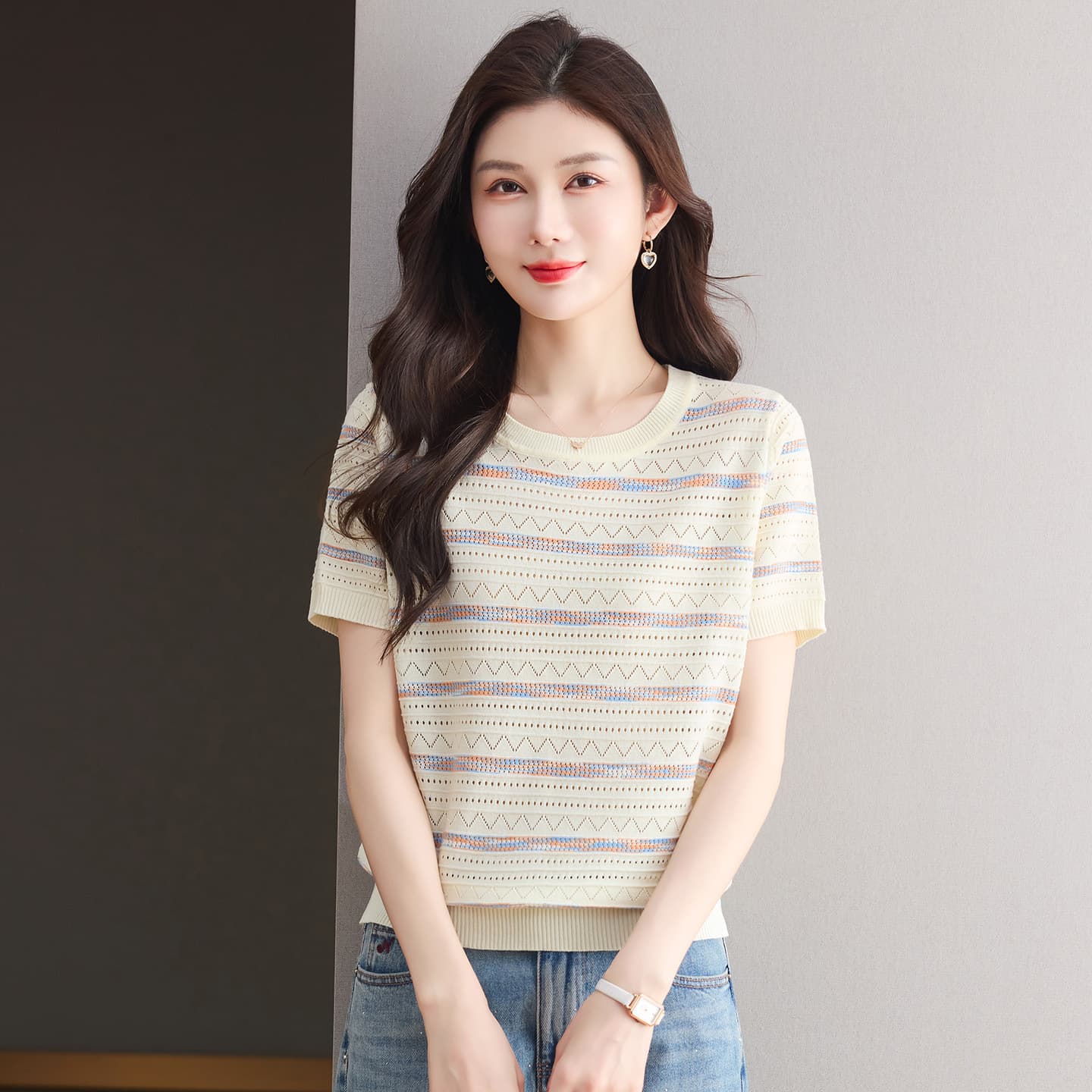 Summer Ice Silk Striped Knitted Short Sleeve T-Shirt for Women 2026 New Fashion Youthful Thin Versatile Top