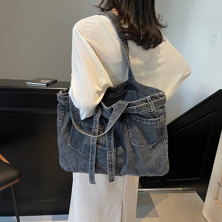 Cross-border simple large-capacity shoulder bag for women 2025 spring new washed denim tote bag outdoor travel bag