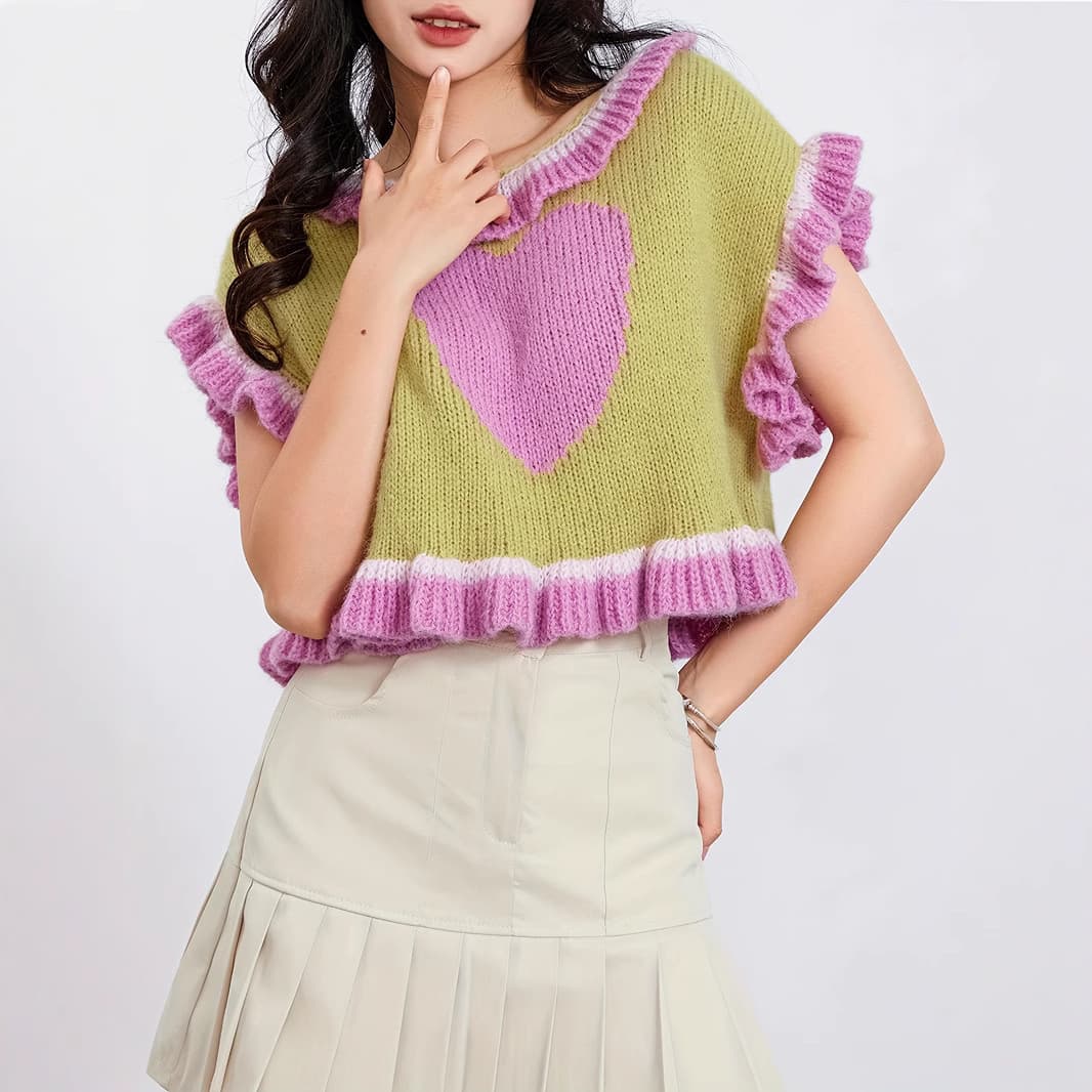 Women's Heart Pattern Ruffle Sleeveless Knitted Vest Stretchy Loose Sweater, Dongguan Dalang Processing Customization