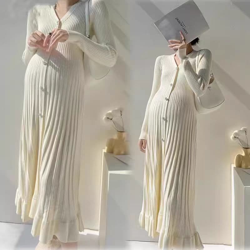 Maternity Dress Autumn Winter New Arrival Single-Breasted V-Neck Loose Pleated Midi Knit Dress for Women