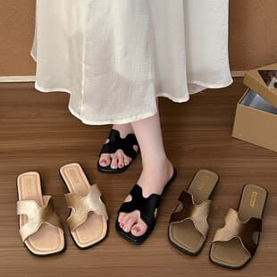 2026 Summer Fashion Simple Square Toe Chunky Heel Sandals Slippers for Women, Outdoor Wear Fashion H-Type Mid-Heel One-Strap Sandals Black