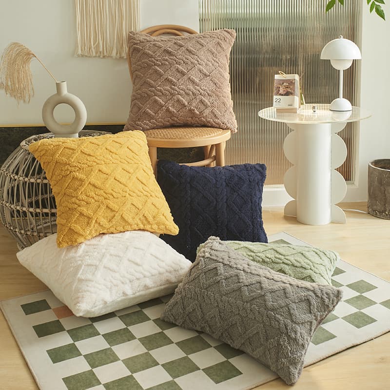 Fluffy Embroidered 3D Geometric Square Pillowcase Simple Modern Living Room Pure Color Polyester Cushion Cover Customizable Size