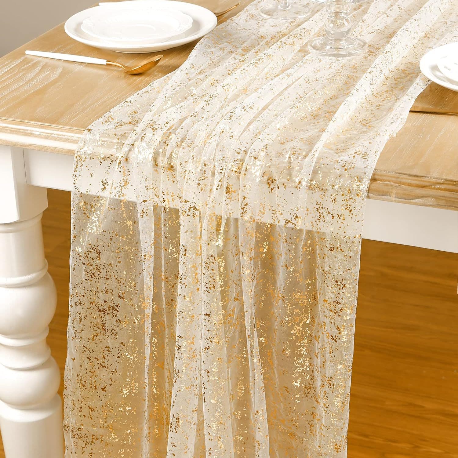 Cross-border gold foil chiffon table runner gold foil lace mesh table runner wedding party table decoration glitter table runner
