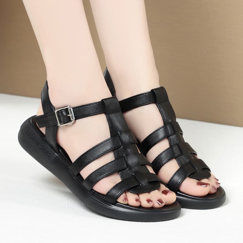 Soft leather flat sandals for women summer Roman shoes new summer non-tiring women's shoes versatile feet fat wide leather sandals