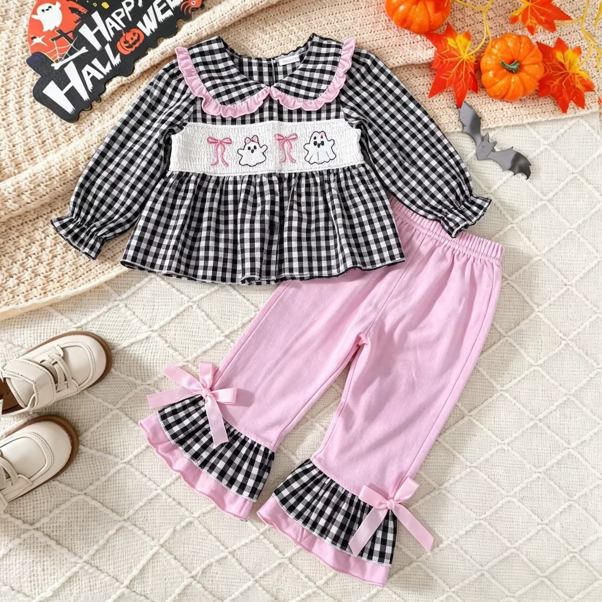 Halloween girls suit ghost embroidered plaid lace long top bell sleeve trousers two-piece set cross-border children's clothing
