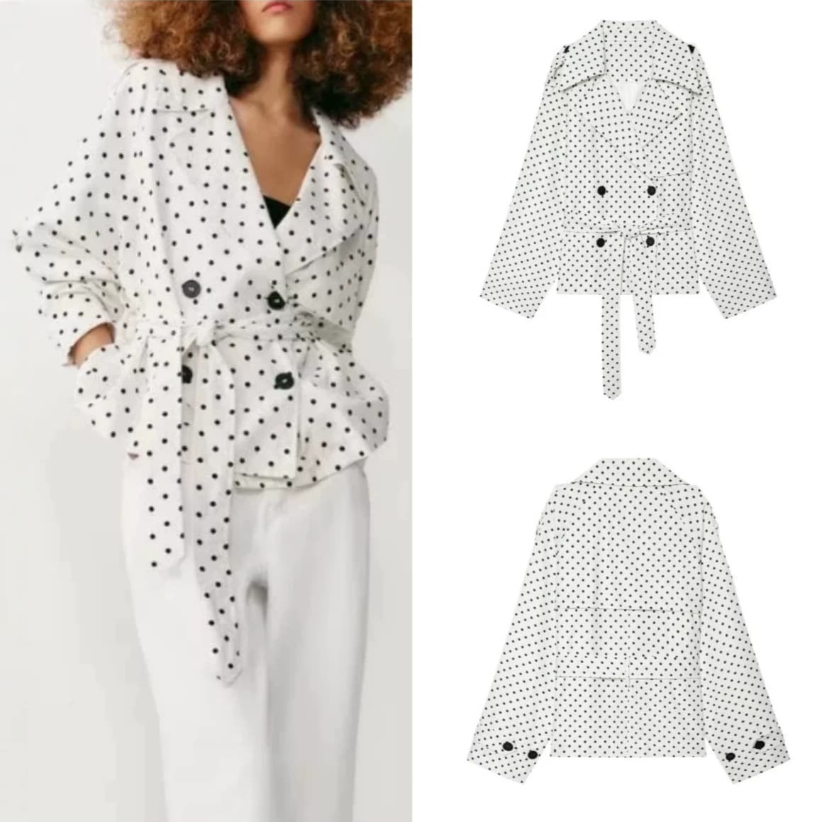 New Fashion Casual Double-Breasted Lapel Long-Sleeve Trench Coat Jacket with Belt and Polka Dot Design