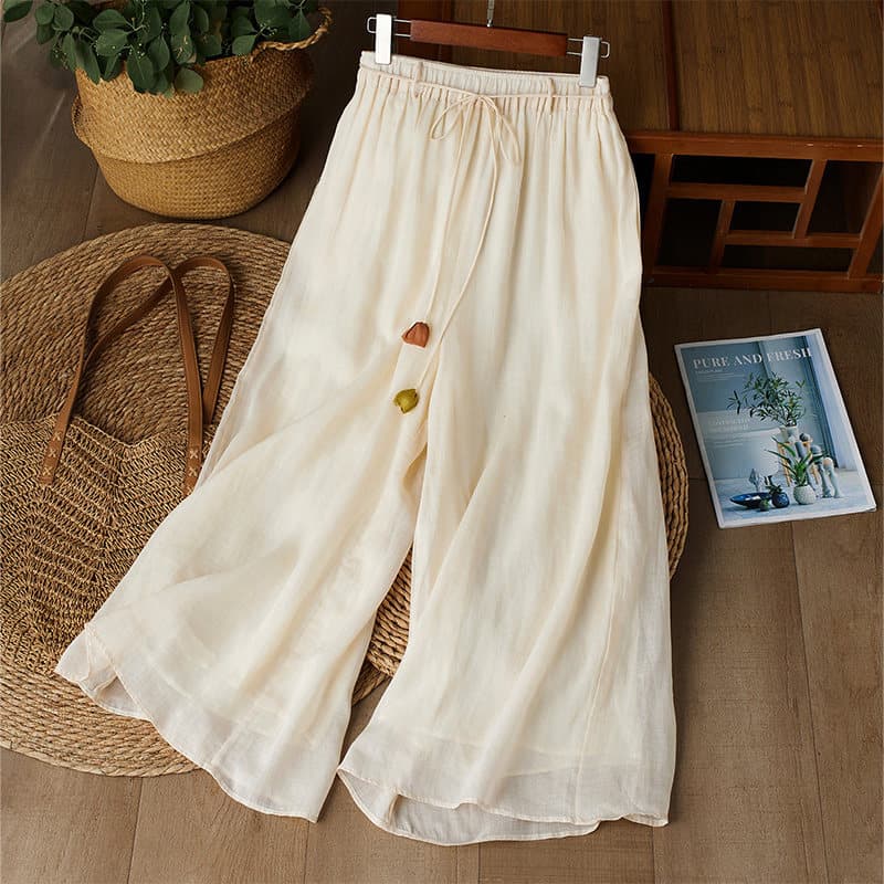 Chinese Zen Style Ramie Wide Leg Pants Skirt for Women Summer Thin Elastic High Waist Flowing Double Layer Cropped Linen Casual Pants