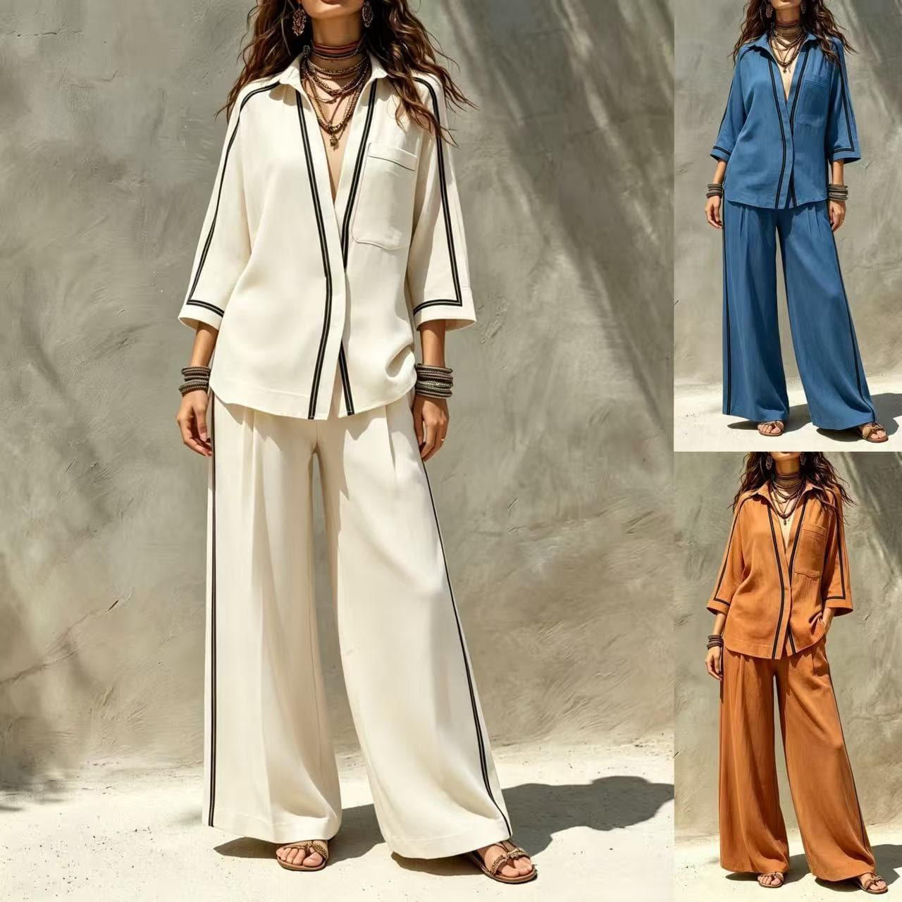 2026 Fall/Winter Women's Two-Piece Set Contrast Print Shirt and Wide-Leg Pants Vacation Casual Outfit for US/EU Cross-border