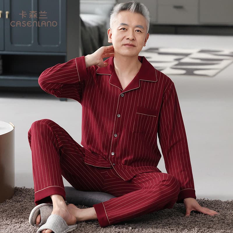 Men's Cotton Pajamas Father Style Long Sleeve Homewear for Middle-aged and Elderly Men Spring Autumn Winter Red Zodiac Year Set