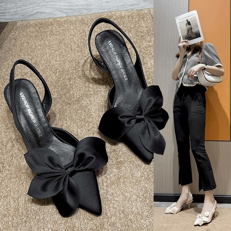Summer New Pointed Toe Bow High Heel Sandals Large Size Cross-border Thin Heel European and American Style Closed Toe Sandals Wholesale