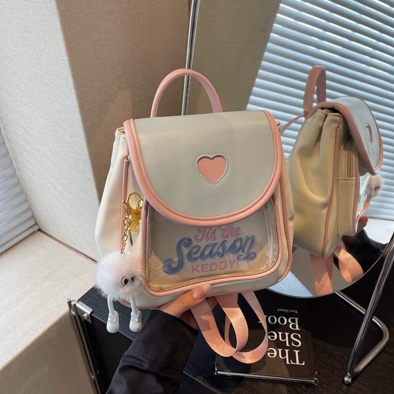 Cute Girl Embroidery Ita Bag Niche Design Heart Color Block Bag High Face Value Student Travel Double Shoulder Small Backpack