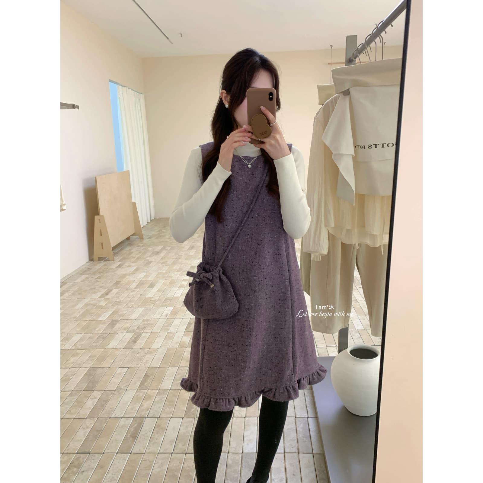 Wool blend vest dress + basic mid-neck base layer + crossbody bag set (with bag) D2952.