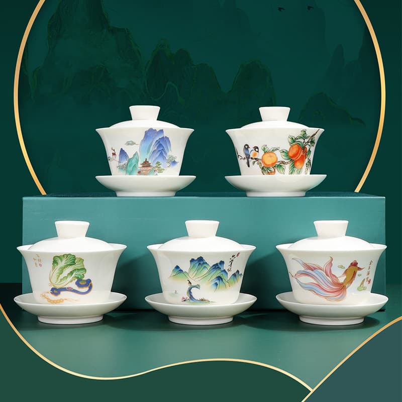 Mutton fat jade porcelain suspended three-part lidded bowl, simple household tea brewing vessel, tea bowl, company event business logo gift.
