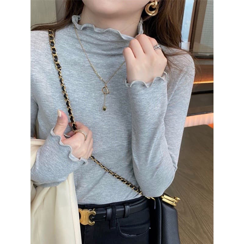 High-end fungus edge bottoming shirt with sweater for women slim fit 2025 new autumn and winter gray half turtleneck lace women's clothing