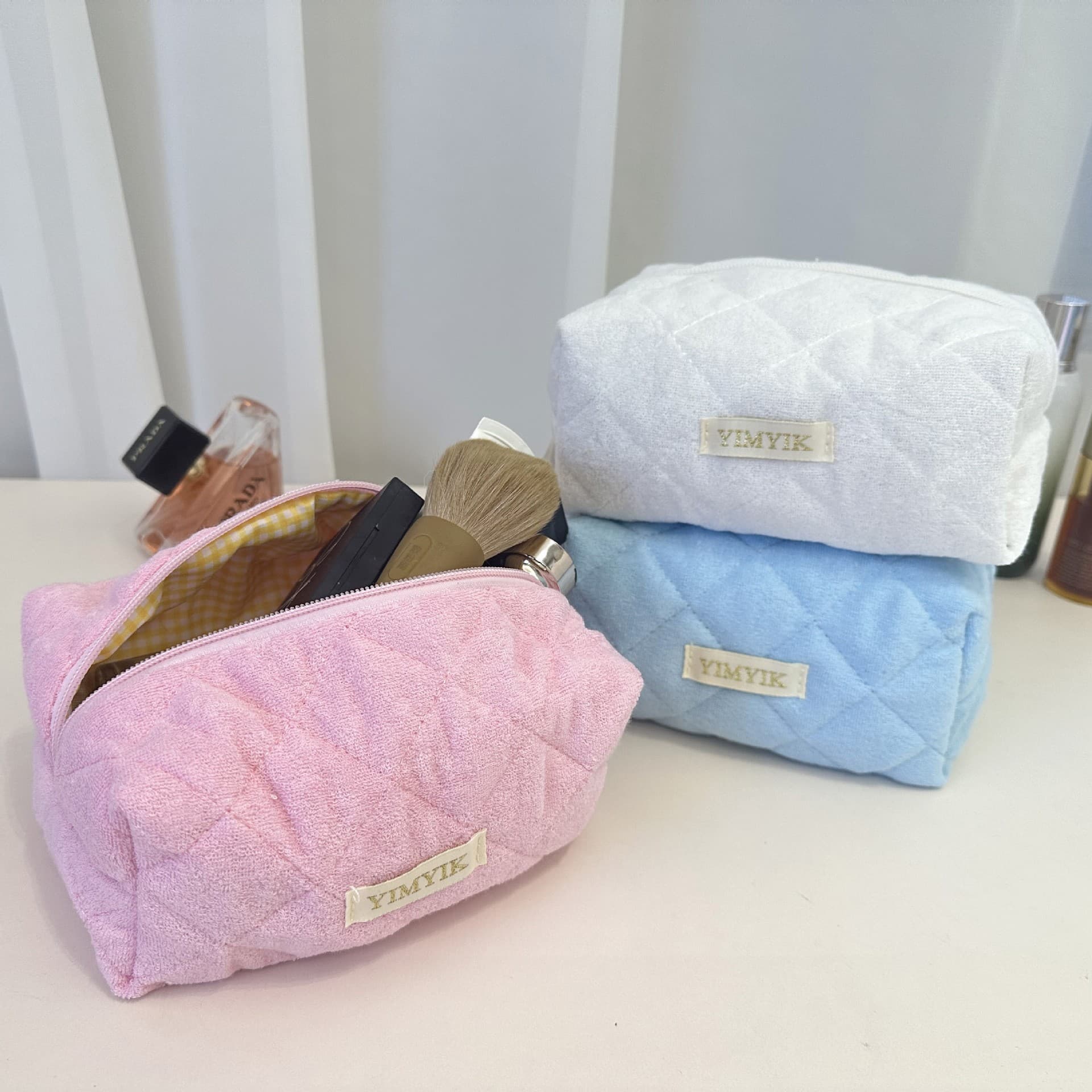 Cross-Border New Autumn and Winter Terry Cloth Quilted Cosmetic Bag Large Capacity Embroidery Thread Makeup Bag Cute Stationery Storage
