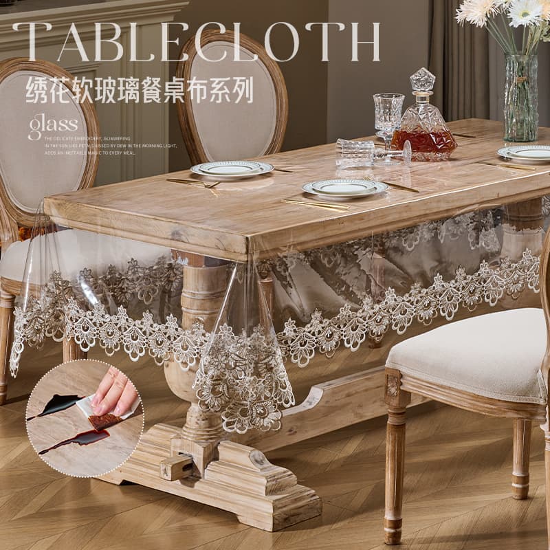 New Cross-Border Soft Glass Tablecloth Custom Lace Waterproof Oil-Proof Dining Table Cloth Wear-Resistant Non-Slip Coffee Table Cover Wholesale