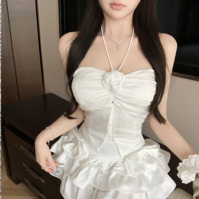 Sweet Pure Style 3D Floral Embroidered Corset Top with Built-in Pads, Halter Strap Camisole for Women
