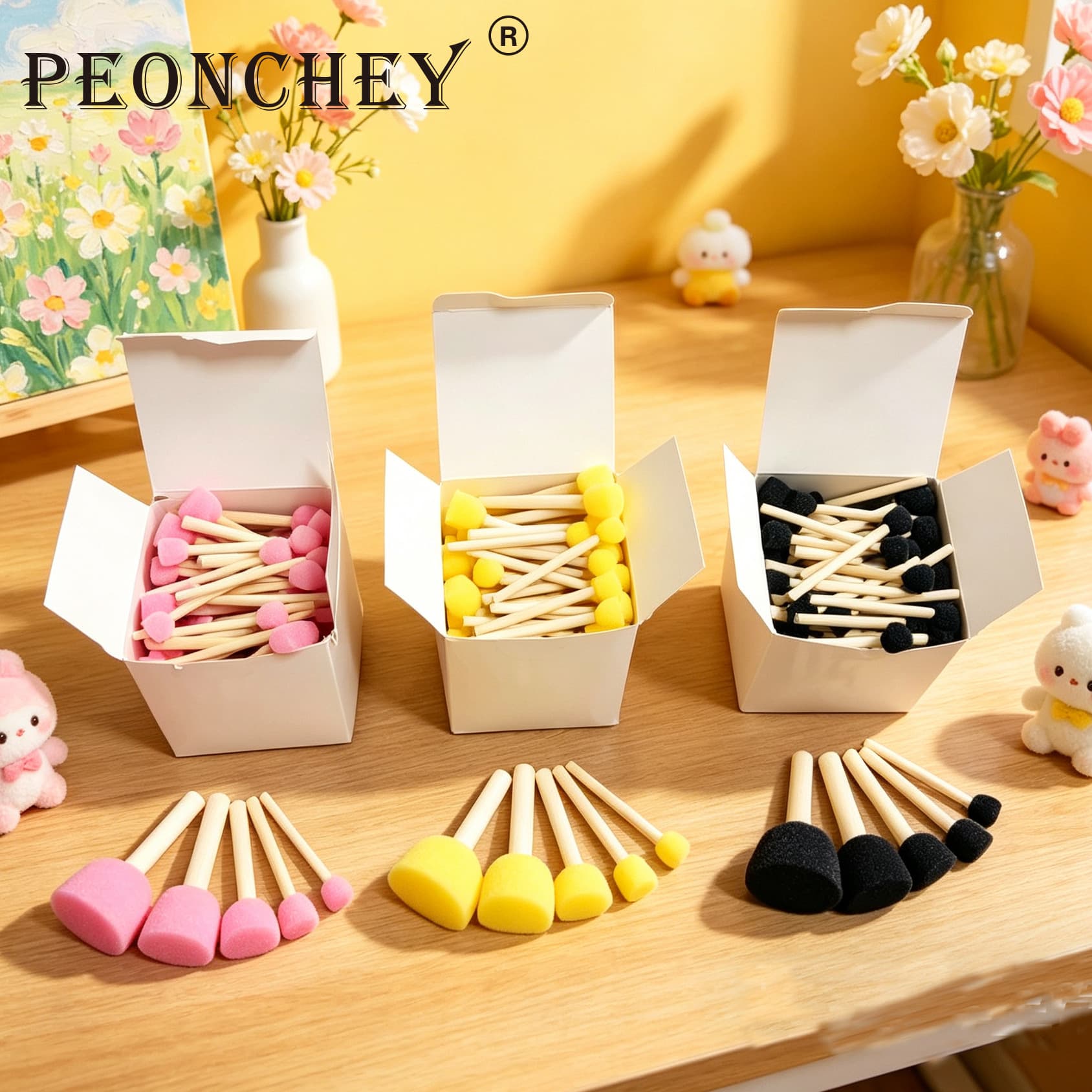 Mushroom Head Sponge Painting Brush with Original Wood Handle for Children Early Education Graffiti Stamp Seal Art Supplies