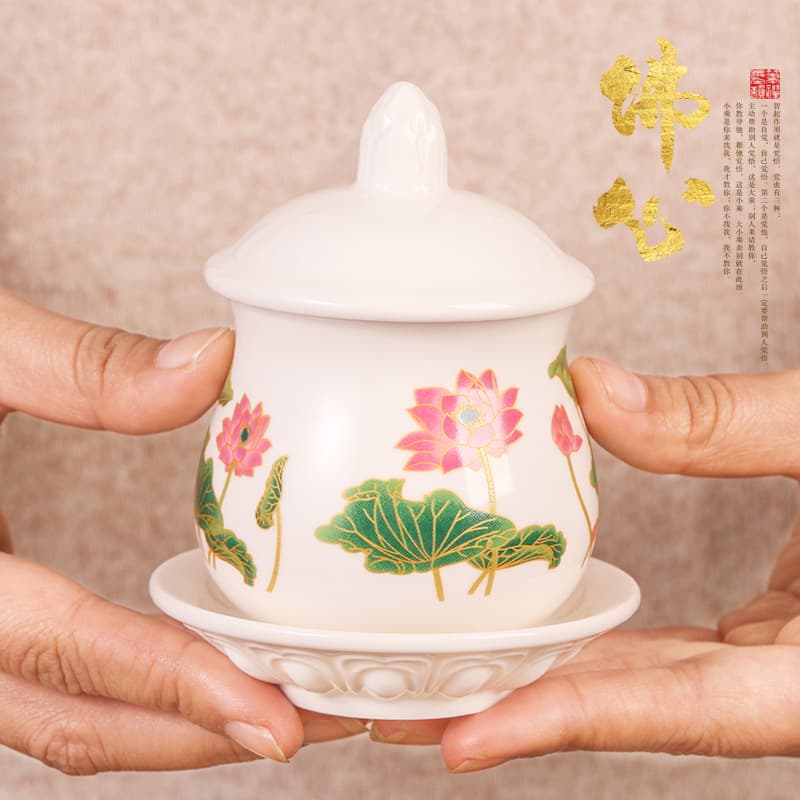 Ceramic Utensils Holy Water Cups, Buddhist Altar Lotus Purification Cups, Guanyin & Wealth God Taoist Offering Vessels, Ceramic Buddhist Table Offering Set