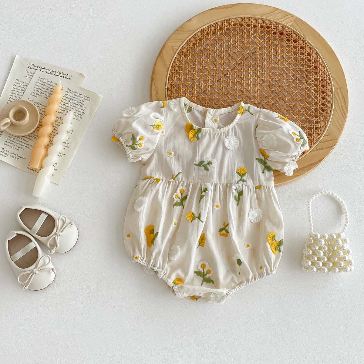 New Style Baby Girl Embroidered Sunflower Thin Cotton Bodysuit Summer Sweet Bubble Sleeve Full Month Baby Clothes Cotton Onesie