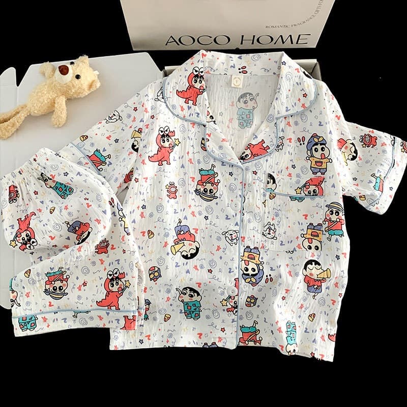 Girls' Summer Pajamas Short Sleeve Thin Cartoon Cloud Cotton Kids Homewear Set for Toddlers and Older Girls, Wear-Out Style