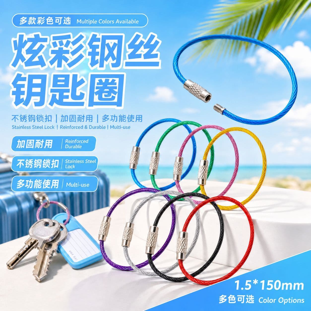 Stainless Steel Rubber-Coated Colorful Wire Rope Key Ring Lock Buckle Luggage Tag, Various Colors, Reinforced, Durable, Multifunctional