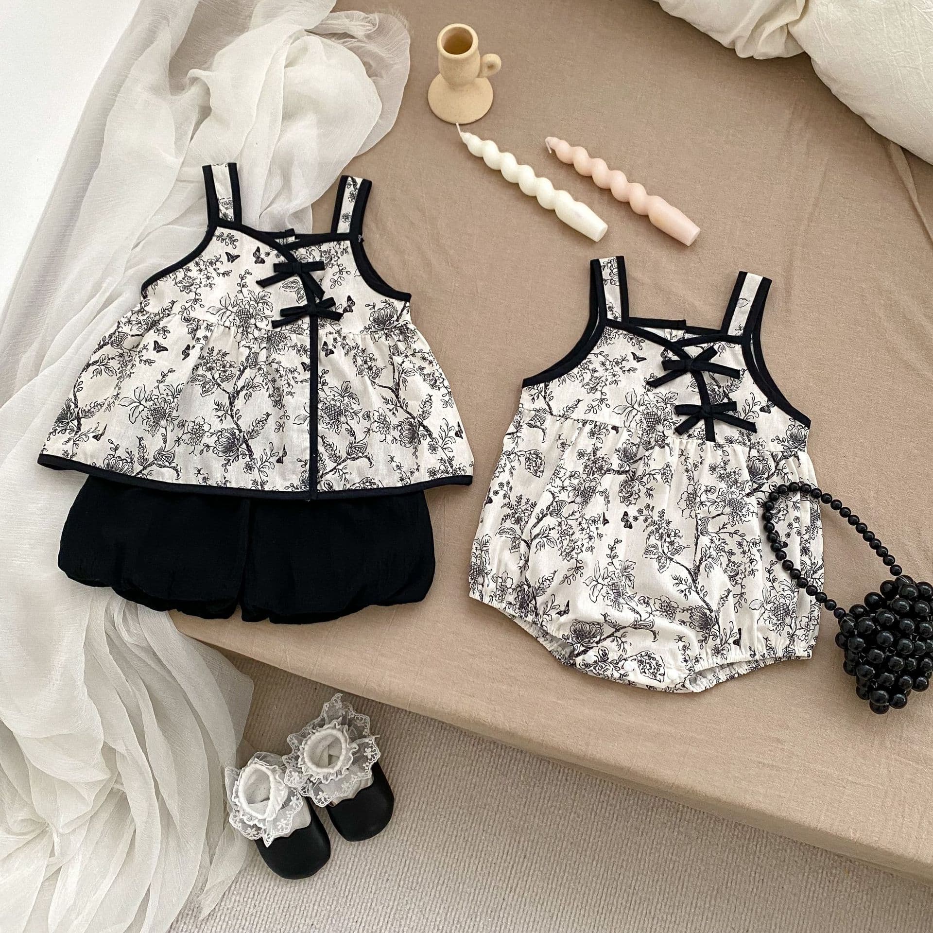 Summer Korean Girl Baby Clothes Strap Romper 1-3 Years Ink Black Floral Sweet Going Out All-Match Onesie