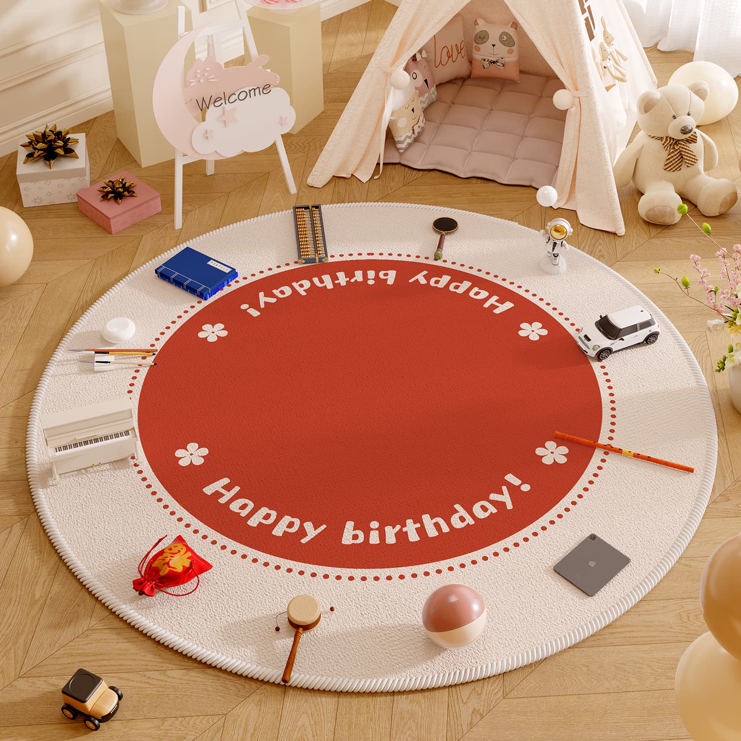 Baby's First Birthday Carpet, Living Room Durable Rug, Birthday Decoration, Children's Room Round Carpet, Home Crystal Velvet Carpet