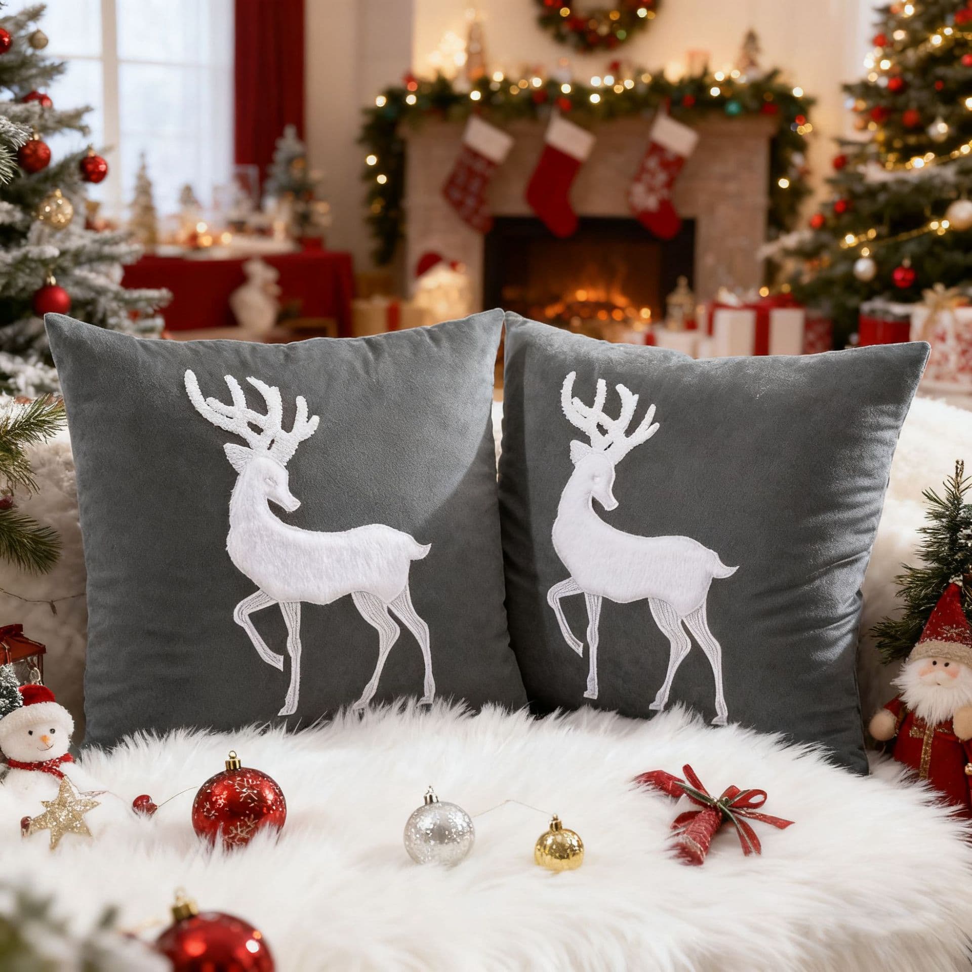 Cross-border Hot-selling White Embroidered Reindeer Christmas Pillow Cover Sofa Decorative Cushion Cover Christmas Reindeer Pillow Cover