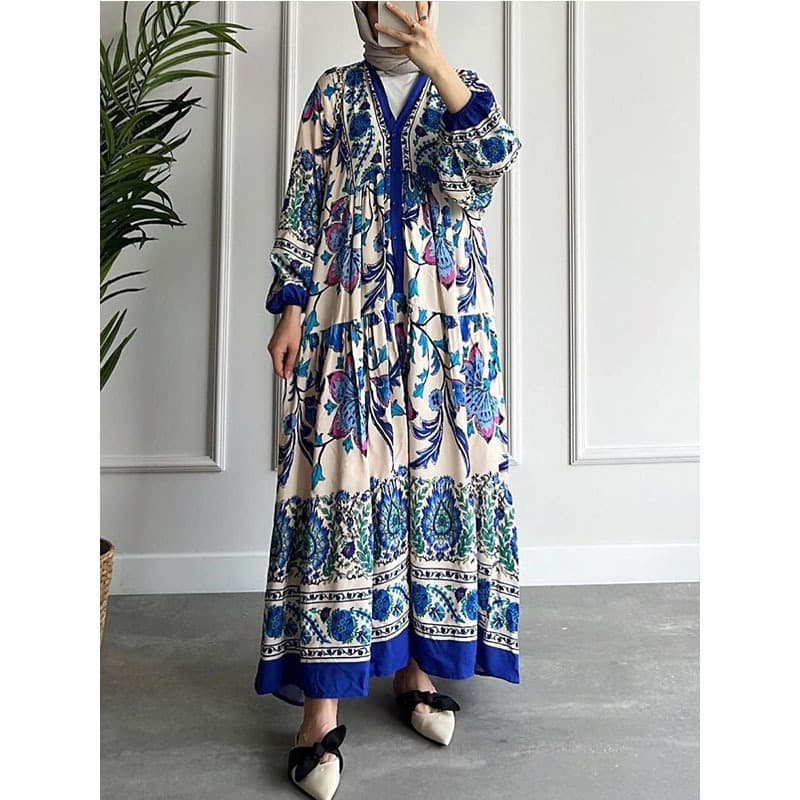 2023 New Contrast Color Dress Cross-Border Women's Long Sleeve Stand Collar Printed Flared Skirt Ethnic Long Dress