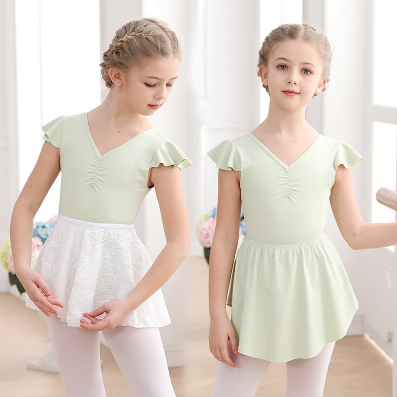 Girls Dance Leotard Chinese Dance Summer Lotus Leaf Short Sleeve Ballet Gymnastics Outfit Set Customizable with Sample